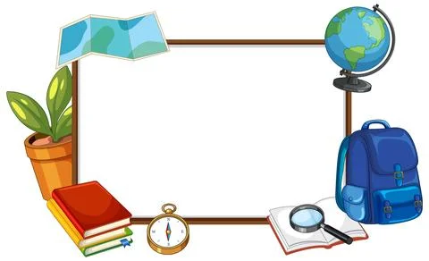 Blank Whiteboard Frame with School Supplies and Travel Objects Stock Illustration