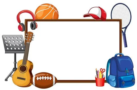 Blank Whiteboard Frame Surrounded by School Supplies and Sports Equipment Stock Illustration