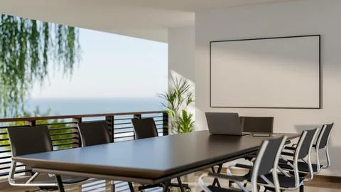 A blank whiteboard hanging on the wall of an open air meeting room with lon.. Stock Illustration