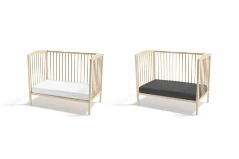 Blank wood cot with black and white crib sheet mockup, Stock Illustration