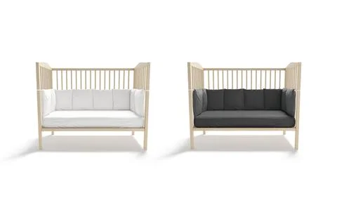 Blank wood cot black, white crib sheet, protective bumpers mockup Stock Illustration