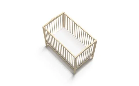 Blank wood cot with white crib sheet mockup, side view Stock Illustration