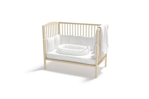 Blank wood cot with white crib sheet and nest mockup Stock Illustration