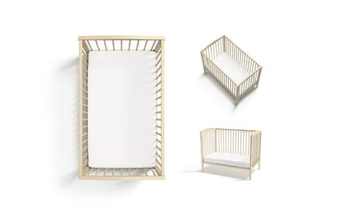 Blank wood cot with white crib sheet mockup, different views Stock Illustration