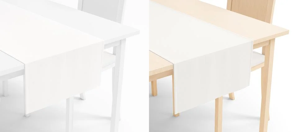 Blank wood table with white runner mockup, side crop view Illustrazione stock