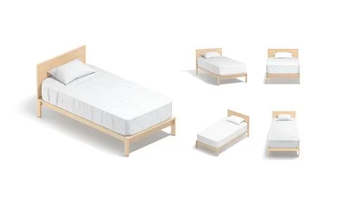 Blank wooden single bed with white bedding mockup, different views Stock Illustration