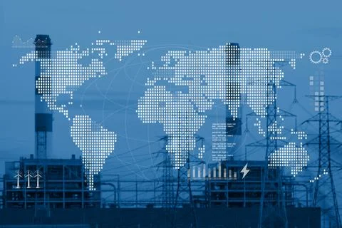 Blank World map overlay with large industry Power plant background on blue .. Stock Photos