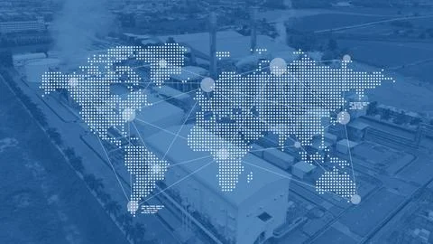 Blank World map overlay with large industry factory building, Power plant, .. Fotos de archivo