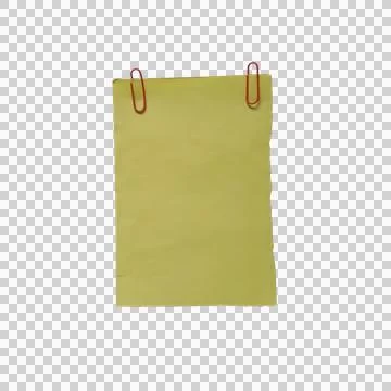 Blank yellow paper note with two red paper clips isolated on a transparent .. Фото