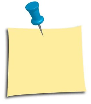 Blank yellow sticky note with blue push pin isolated on white background Illustrazione stock