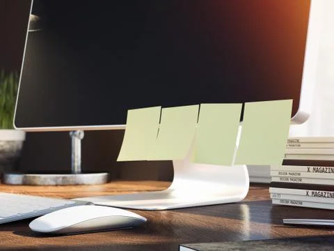 Blank yellow sticky notes on the dark display of computer. 3d rendering Stock Photos
