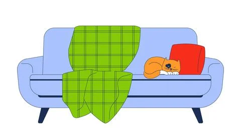 Blanket covered couch cozy with sleeping cat near pillow 2D cartoon object Ilustración de archivo
