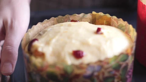Blanks for traditional Easter pies in paper forms, close-up, slow-motion Stock Footage 91517880