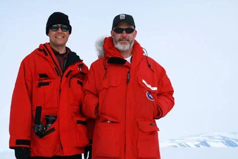  BLAST! (2008) Director Paul Devlin and Mark Devlin, PhD. on ice shelf in ... Stock Photos