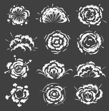 Blast explosion clouds, bomb boom explodes icons Illustrazione stock