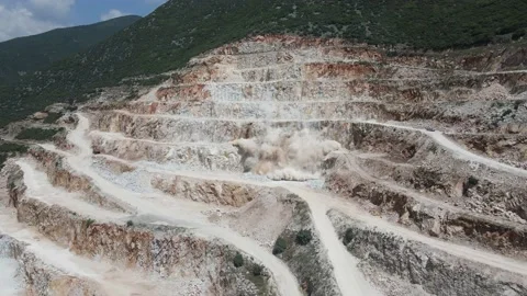 Blast on the limestone quarry. Production of limestone, gravel and sand. Stock Footage 232595672