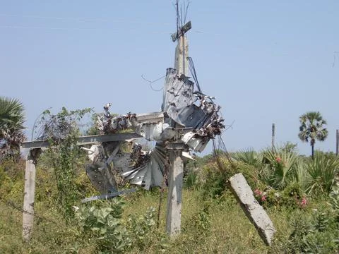 Blasted Electrical Transformer Foto stock