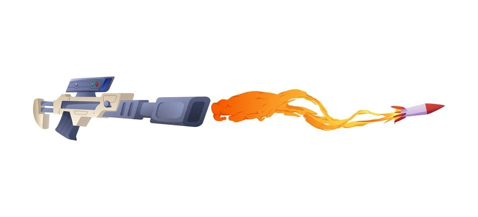 Blaster with glowing shoot plasmic beams, orange rays with rocket, fantasy laser Stock Illustration