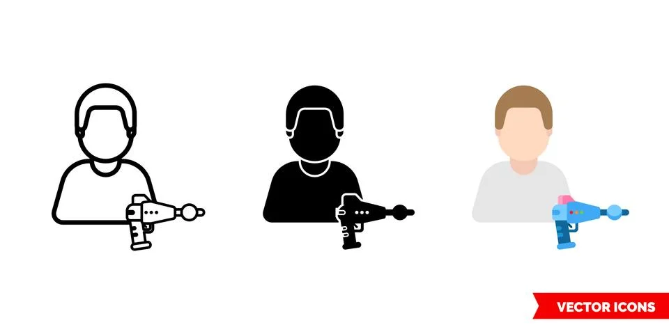 Blaster man icon of 3 types color, black and white, outline. Isolated vector  Stock Illustration