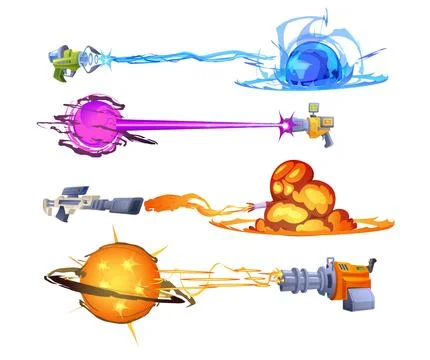 Blasters with fire and explosions, game weapon, set of vector illustration Stock Illustration
