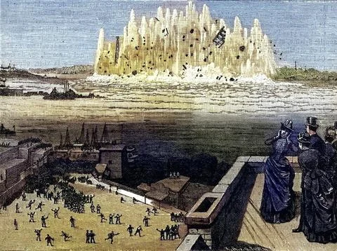 Blasting of Flood Rock, part of Hell Gate Rock, which prevented large ships Illustrazione stock