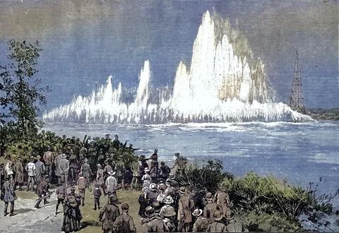 Blasting of Flood Rock, part of Hell Gate Rock, which prevented large ships Stock Illustration