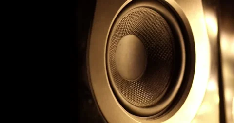 Blasting music on studio speakers. Close up of studio speaker bass subwoofer  Stock Footage 303348652