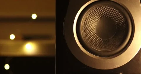 Blasting music on studio speakers. Close up of studio speaker bass subwoofer  Stock Footage 303349079
