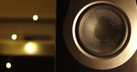 Blasting music on studio speakers. Close up of studio speaker bass subwoofer  Stock Footage 303349400