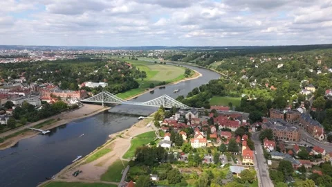 Blaues Wunder Bridge and the Elbe River Bend Aerial View Dresden 動画素材 337848268