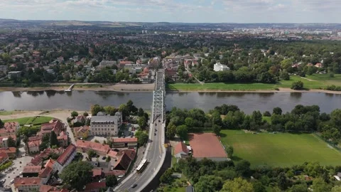Blaues Wunder Bridge Tower and Sports Field Aerial Dresden Stockbeeldmateriaal 337848102