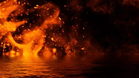Blaze fire flame texture overlays on isolated background with water reflectio Stock Illustration