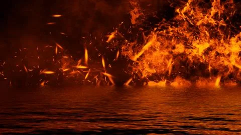 Blaze fire flame texture overlays on isolated background with water reflectio Stock Illustration
