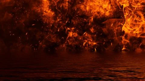 Blaze fire flame texture overlays on isolated background with water reflectio Stock Illustration