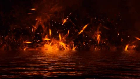 Blaze fire flame texture overlays on isolated background with water reflectio Stock Illustration