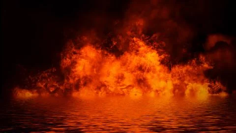Blaze fire flame texture overlays isolated background with water reflection. Stock Illustration