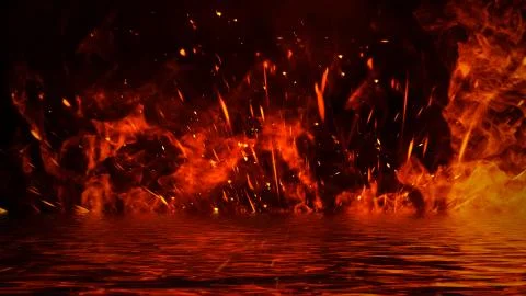 Blaze fire flame texture overlays isolated background with water reflection. Stock Illustration