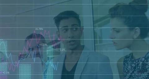 Blazer speaker referencing glass wall launching line and bar charts, percentages Stock Footage 311454813