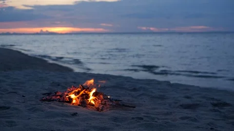Blazing campfire on beach, summer evening. Bonfire in nature as background Stock-Footage 97778331