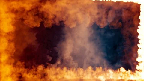 Blazing fire lines frame on smoke backdrop - abstract 3D rendering Illustrazione stock