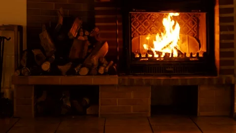 Blazing fireplace . Cozy mood. Stock Footage