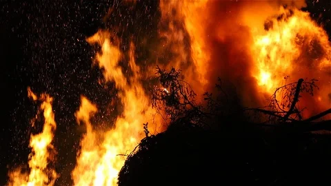 Blazing Hot Brush Fire With High Smoking Flames Reaching Into Night Sky Stock Footage 94612574