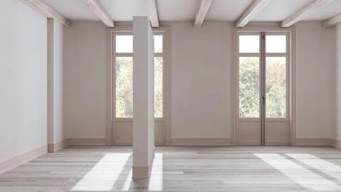 Bleached wooden empty room interior design, open space with parquet floor, .. Stock Illustration