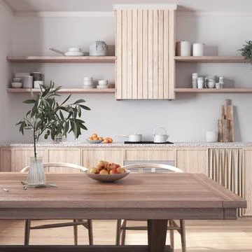 Bleached wooden rustic kitchen and dining room in white and beige tones. Ca.. Stock Illustration