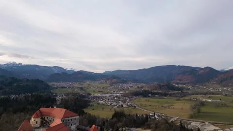 Bled Castle on Cliff Aerial View - Medieval Fortress Over Turquoise Lake Bled Sl Vídeos de archivo 330494257