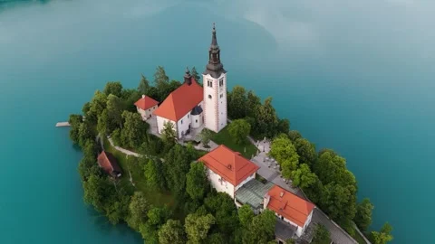 Bled Island Aerial Pull Back, Blue Hour Stock Footage 339227676