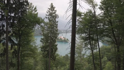 Bled Island Seen Through Forest Trees at Lake Bled, Slovenia Stock Footage 159614854
