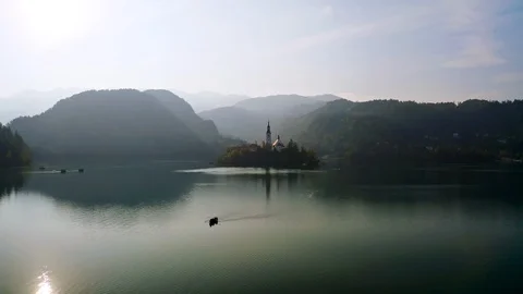 Bled lake at sunset flyby Stock Footage 119130565