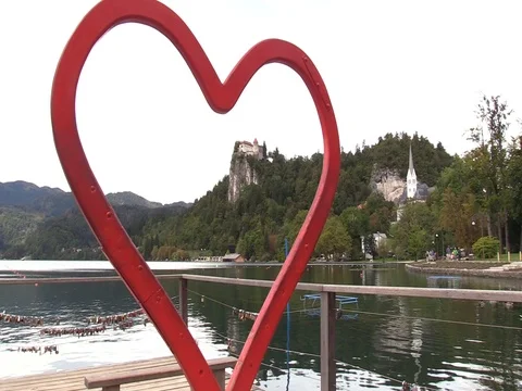 Bled, Slovenia - Bled Castle Framed by Heart Stock Footage 80456300