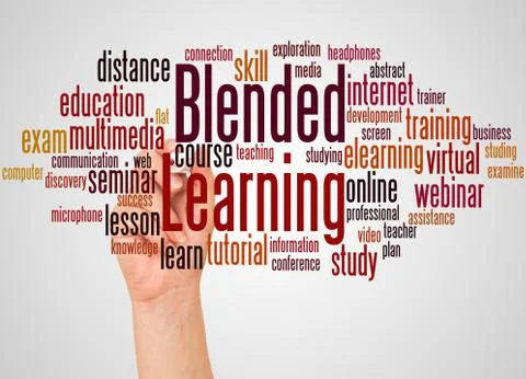 Blended learning word cloud and hand with marker concept 스톡 일러스트